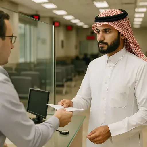 رجل سعودي يتسلّم مستندًا رسميًا من موظفة داخل مركز مرور حديث
