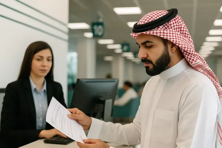 رجل سعودي يستلم مستندًا من موظفة داخل مركز مرور