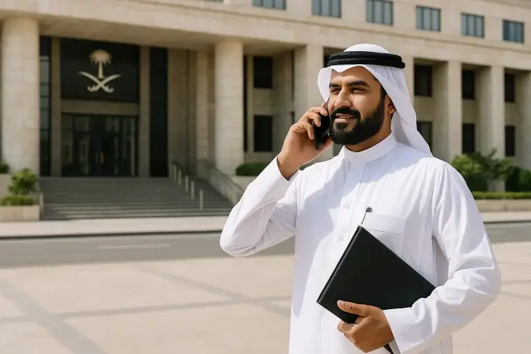 رجل سعودي يقف أمام مبنى حكومي رسمي وهو يتحدث بالهاتف، حاملًا ملف معاملات بيده